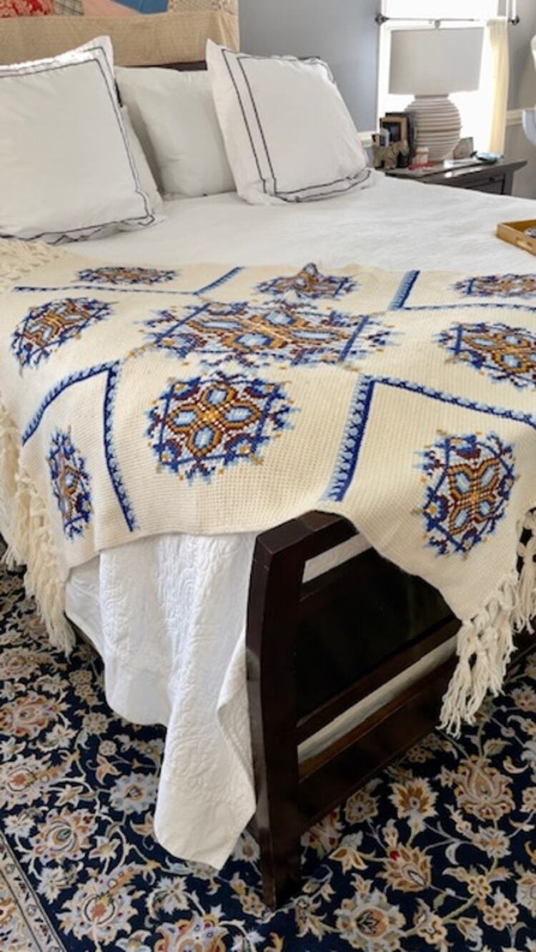 Handmade Knitted Needlepoint Style Afghan Throw Blanket 40x60 Blue Gold Cottage